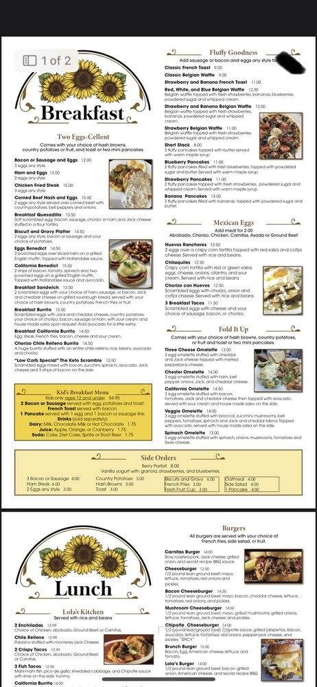 Lola's Family Restaurant - Chester, CA menu_pic