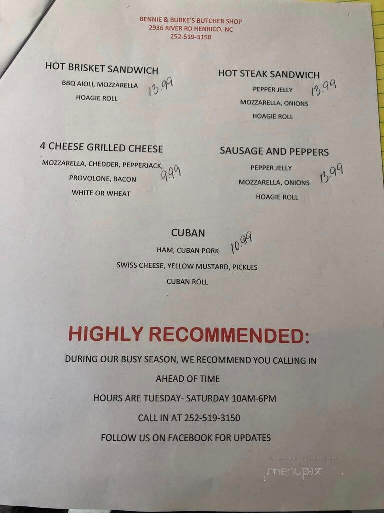 Bennie & Burk's Butcher Shop - Henrico, NC menu_pic