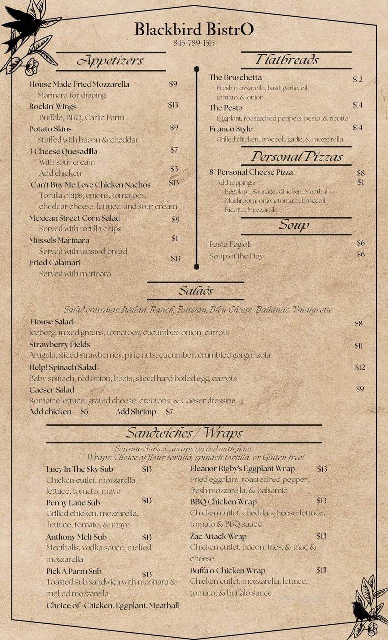 Blackbird Bistro - Wassaic, NY menu_pic