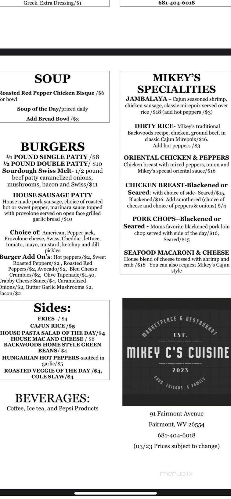 Mikey C's Cuisine - Fairmont, WV menu_pic