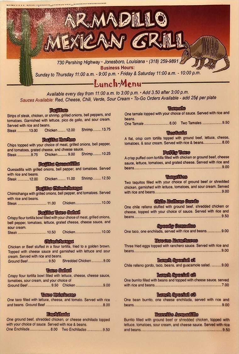 Armadillo Mexican Grill - Olla, LA menu_pic