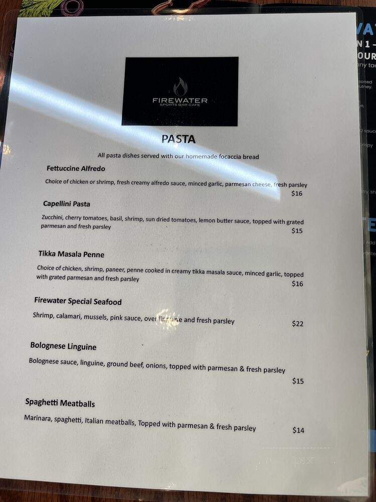 Firewater Sports Bar Cafe - Cedar Park, TX menu_pic