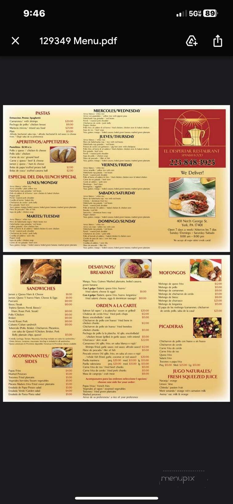 El Despertar Restaurant - YORK, PA menu_pic