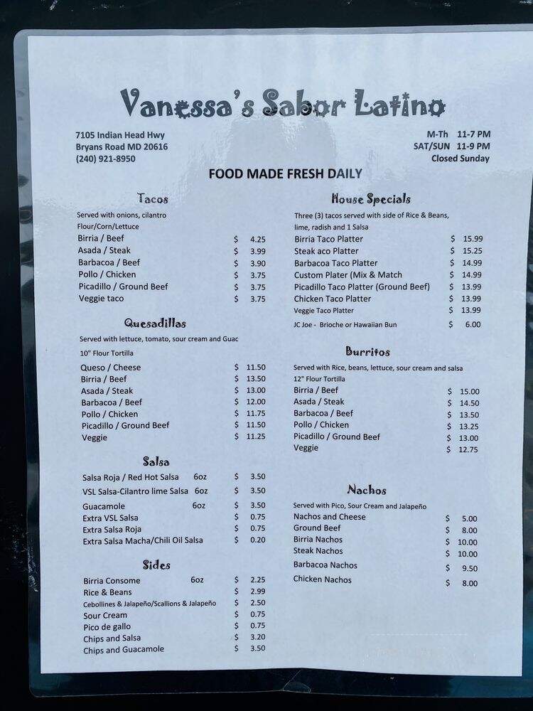 Vanessa's Sabor Latino - Bryans Road, MD menu_pic