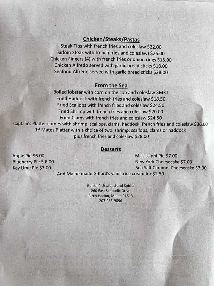 Bunker Seafood and Spirits - Birch Harbor, ME menu_pic