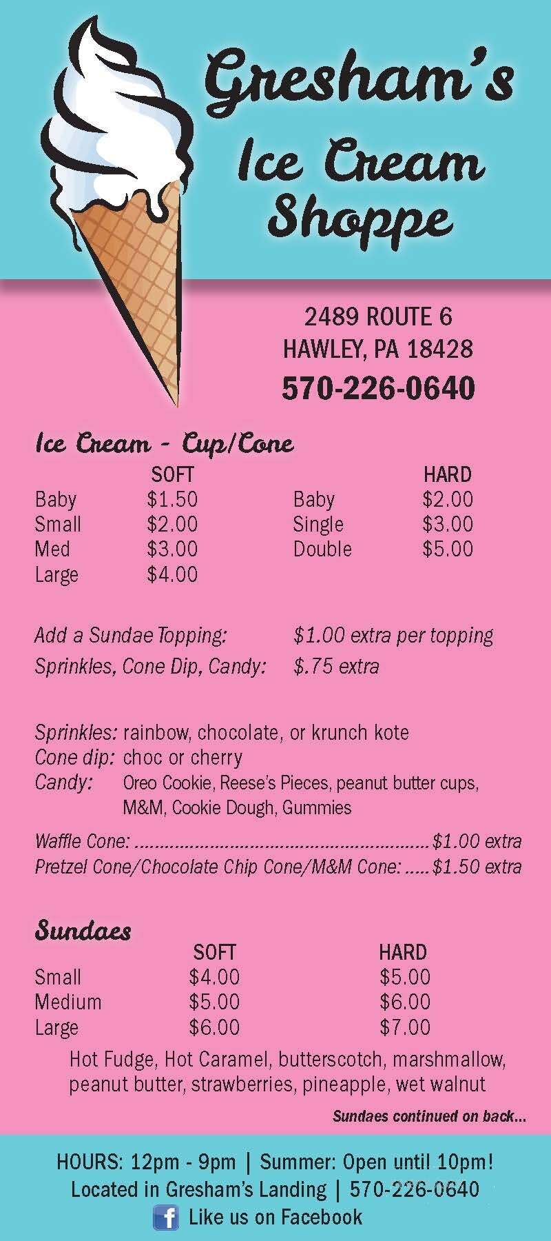 Greshams Ice Cream Shoppe - Hawley, PA menu_pic