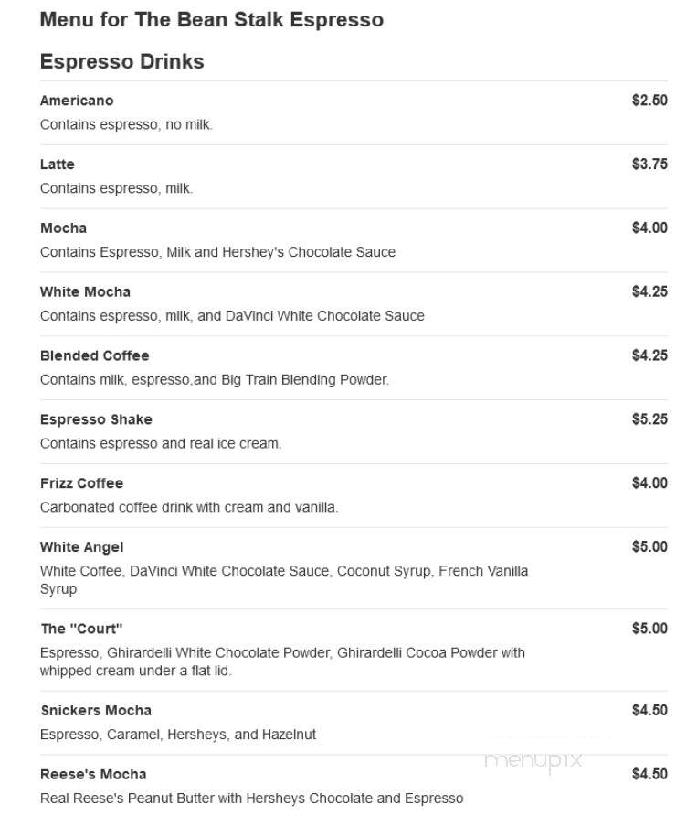 Bean Stalk Espresso Co. - Spokane, WA menu_pic