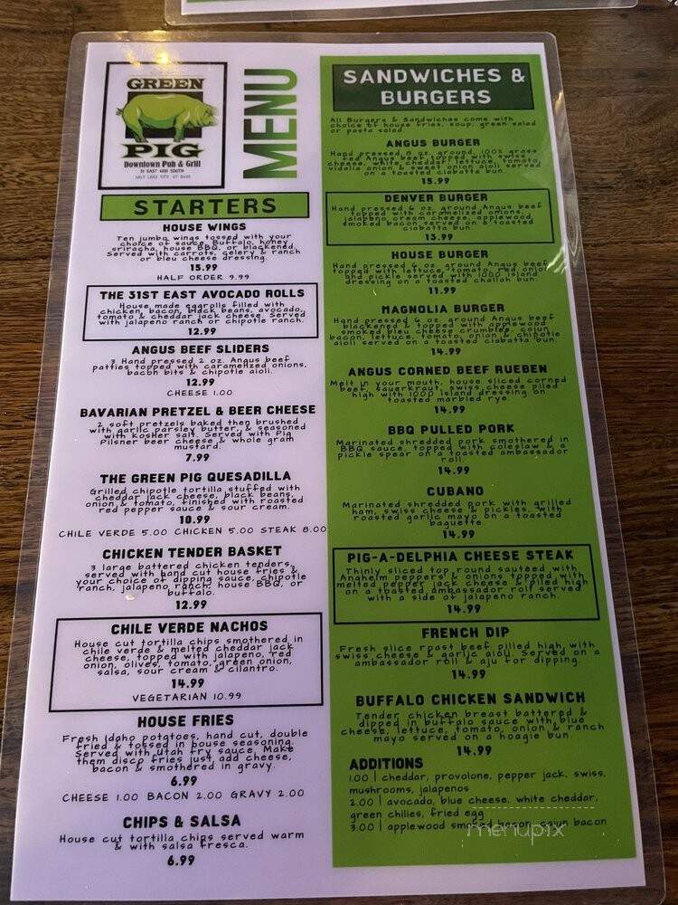 Green Pig Pub - Salt Lake City, UT menu_pic