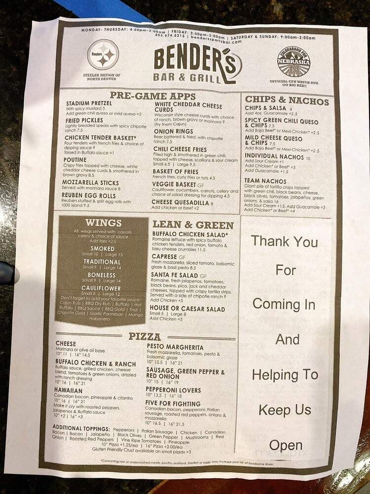Benders Bar and Grill - Westminster, CO menu_pic