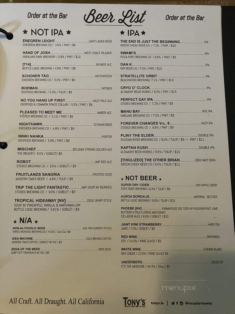 Tony's Darts Away - Burbank, CA menu_pic