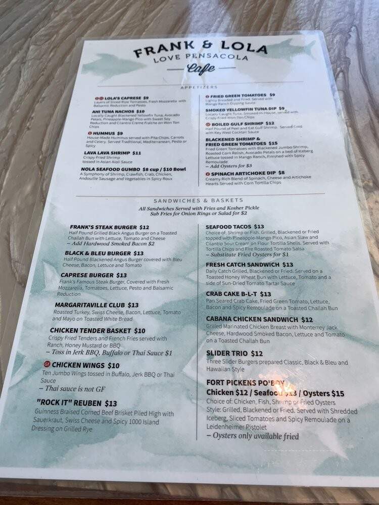 Frank and Lola Love Pensacola Cafe - Gulf Breeze, FL menu_pic