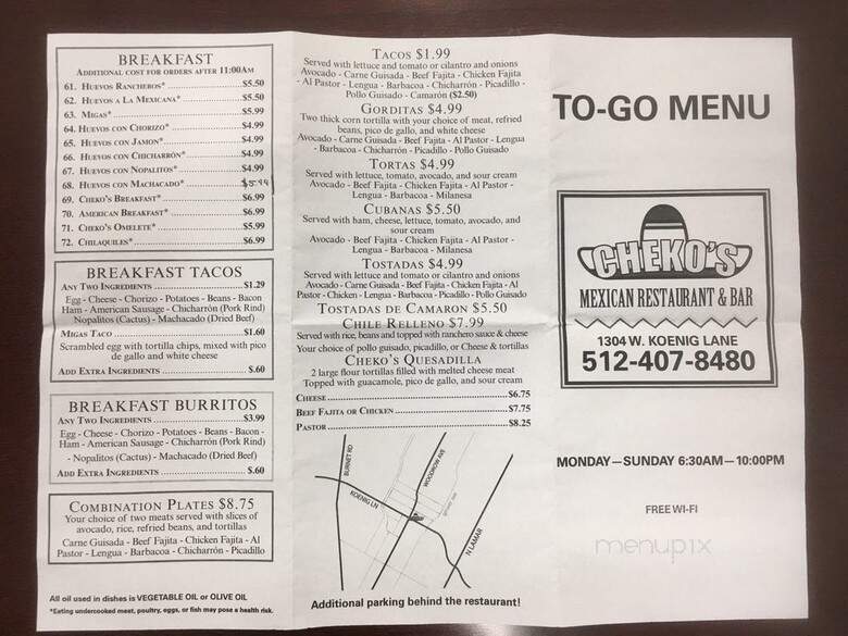 Cheko's Mexican Restaurant - Austin, TX menu_pic