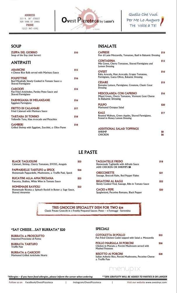 Ovest Pizzoteca - New York, NY menu_pic