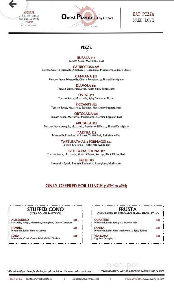Ovest Pizzoteca - New York, NY menu_pic