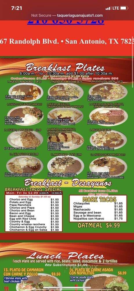 Taqueria Guanajuato - San Antonio, TX menu_pic