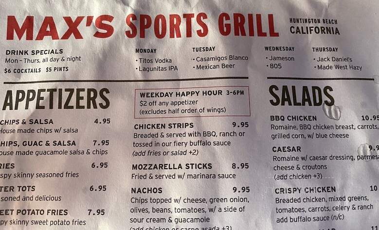Max Bar & Grill - Huntington Beach, CA menu_pic
