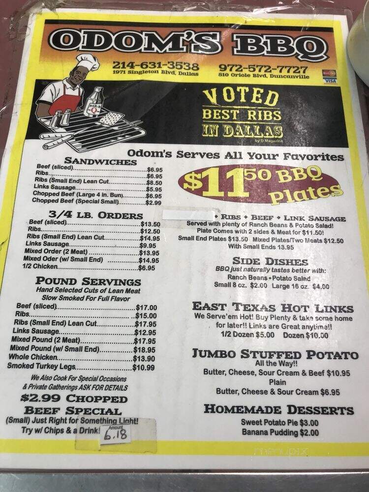 Odoms Bar-B-Que - Dallas, TX menu_pic