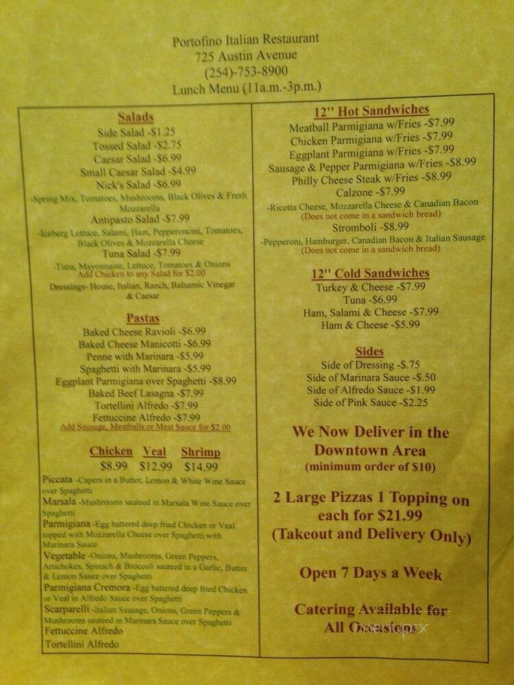 Portofinao's Italian Restaurant - Waco, TX menu_pic