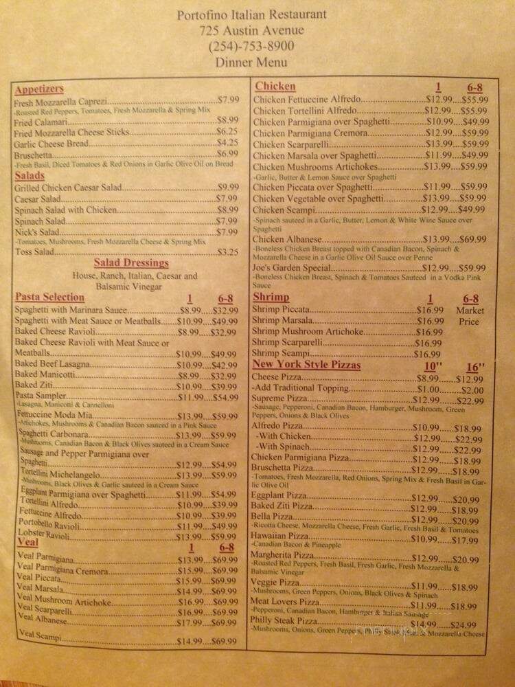 Portofinao's Italian Restaurant - Waco, TX menu_pic