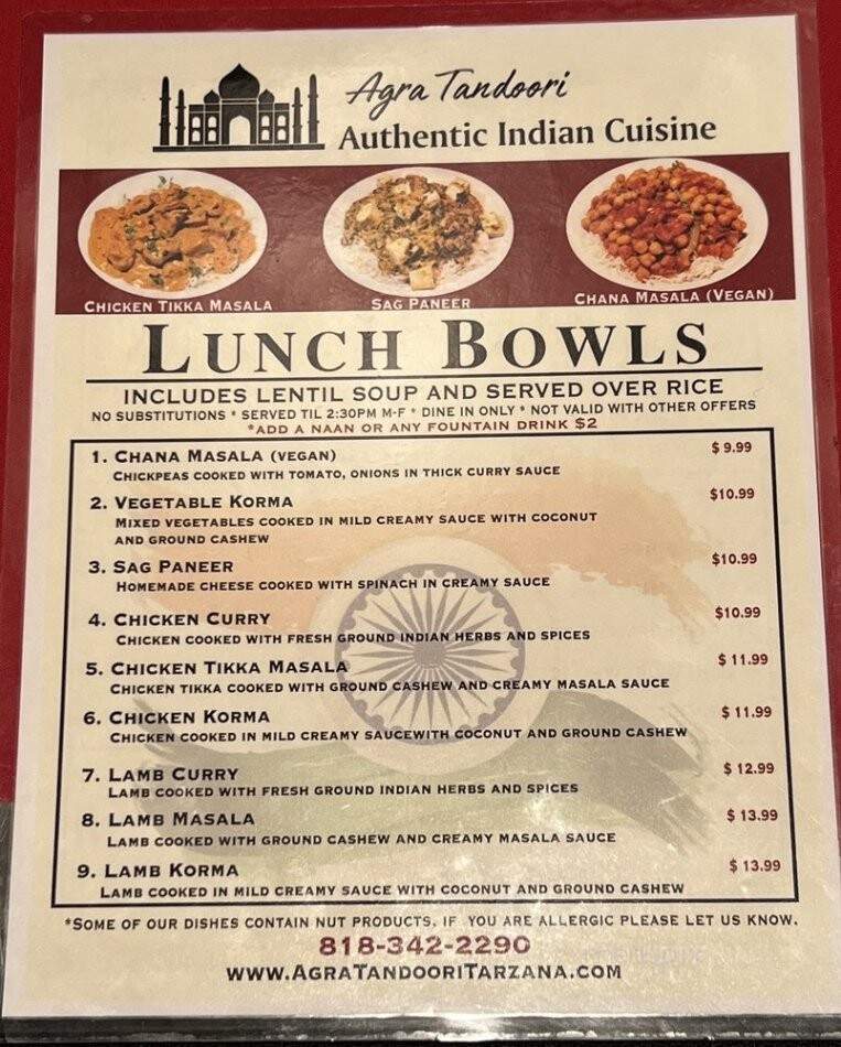 Agra's Tandori Indian Restaurant - Tarzana, CA menu_pic