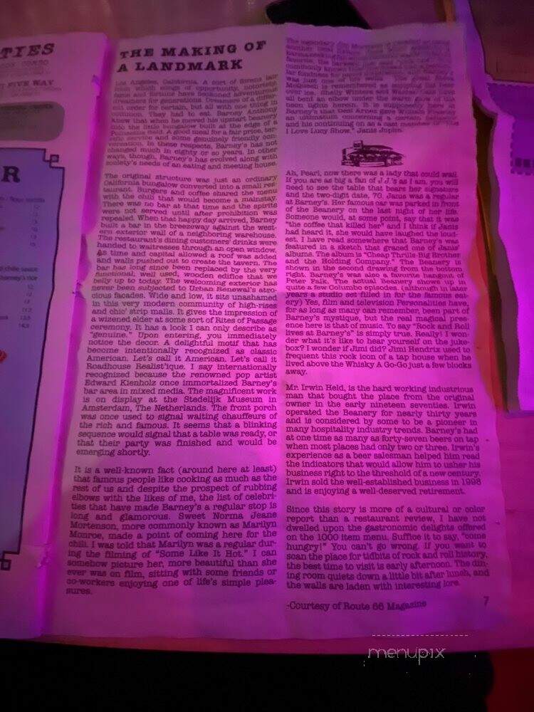 Barney's Beanery - Los Angeles, CA menu_pic