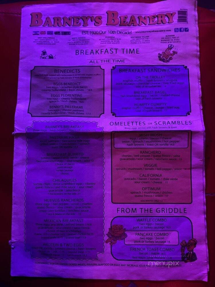 Barney's Beanery - Los Angeles, CA menu_pic