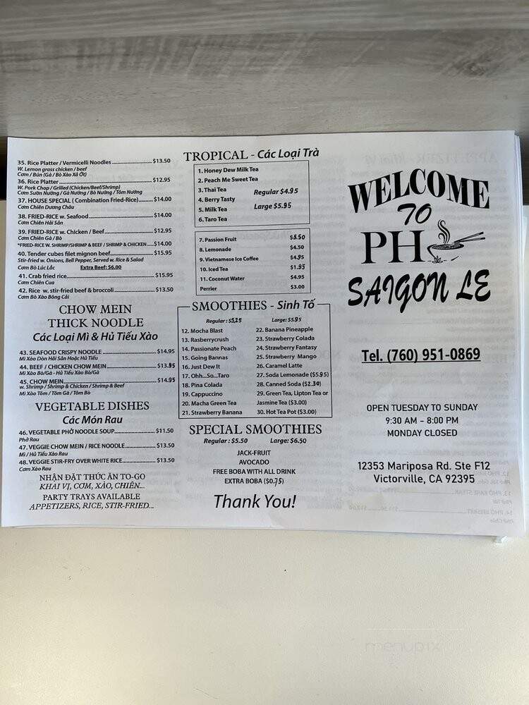 Pho Van - Victorville, CA menu_pic