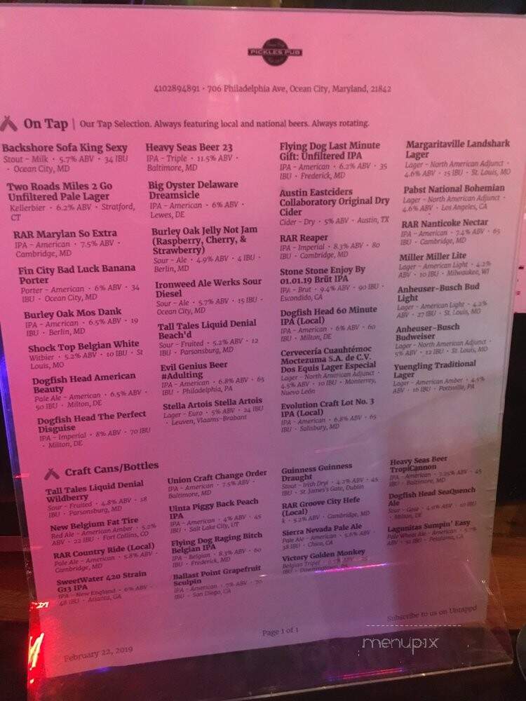 Pickles Pub - Ocean City, MD menu_pic