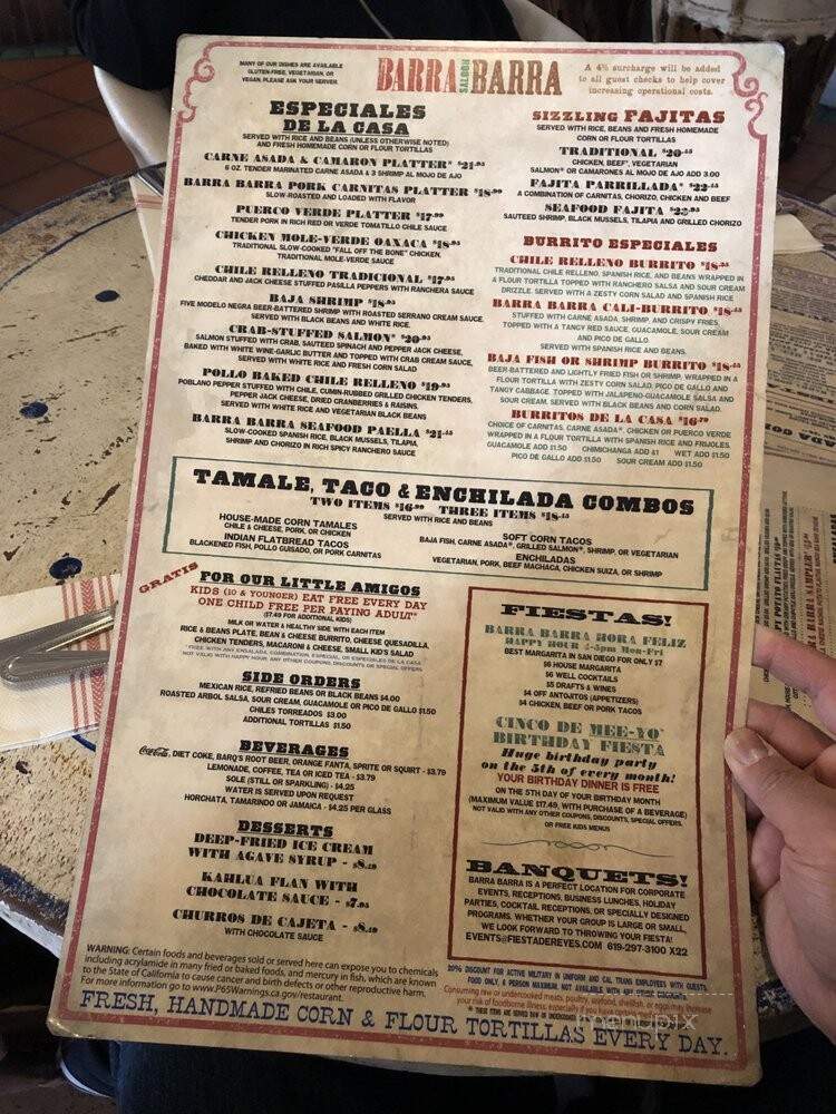 Barra Barra Saloon - San Diego, CA menu_pic