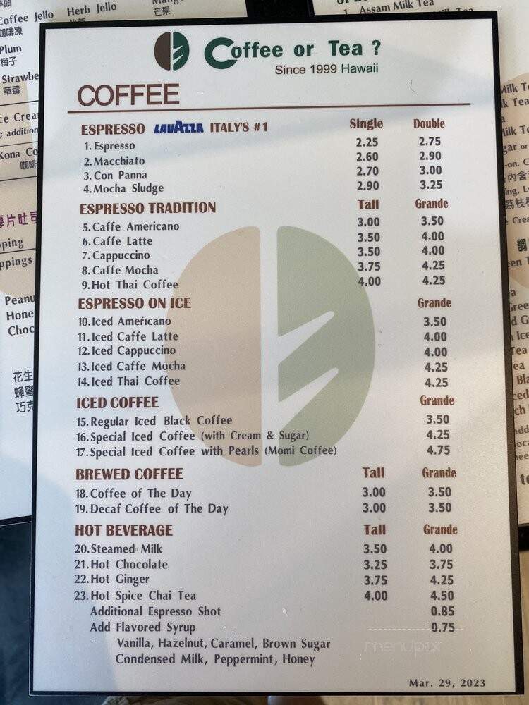 Coffee Or Tea - Honolulu, HI menu_pic
