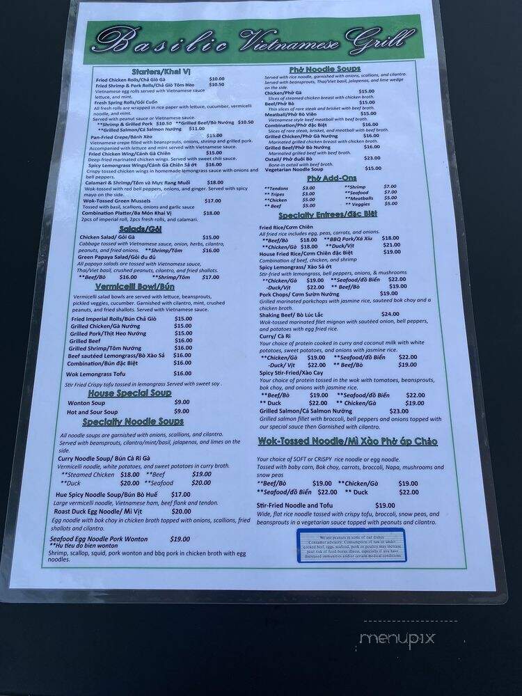 Basilic Vietnamese Grill - Fort Lauderdale, FL menu_pic