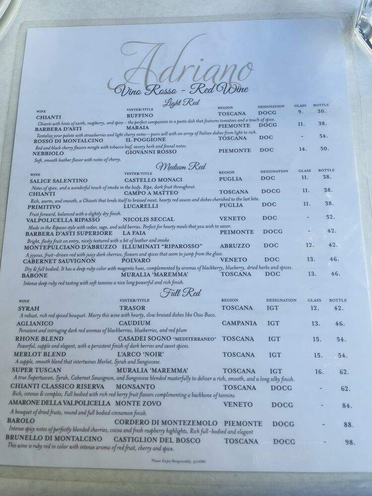 Enoteca Adriano - San Diego, CA menu_pic