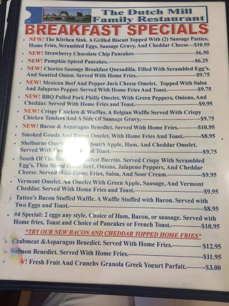 Dutch Mill Family Restaurant - Shelburne, VT menu_pic