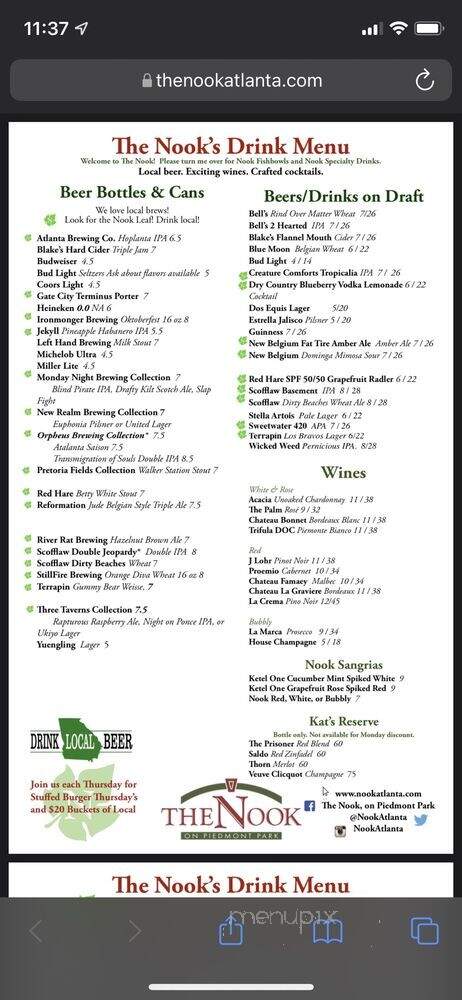 The Nook - Atlanta, GA menu_pic