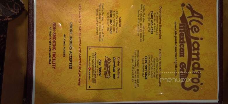 Alejandro's Mexican Grill - Roanoke, VA menu_pic