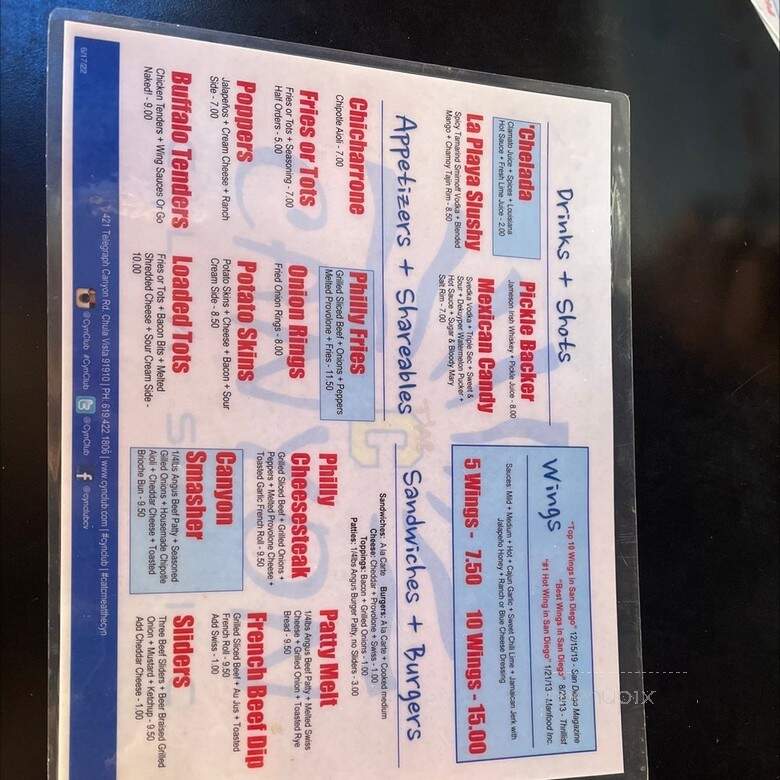 Canyon Club Sports Cafe & Bar - Chula Vista, CA menu_pic