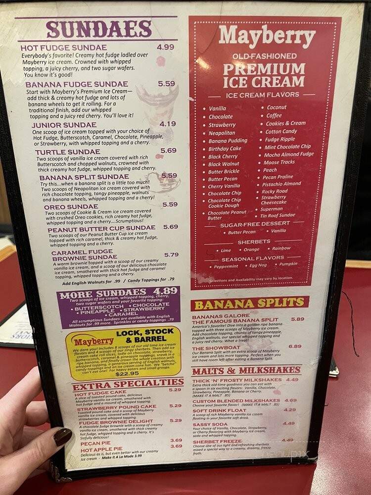 Mayberry Ice Cream Restaurant - Winston Salem, NC menu_pic