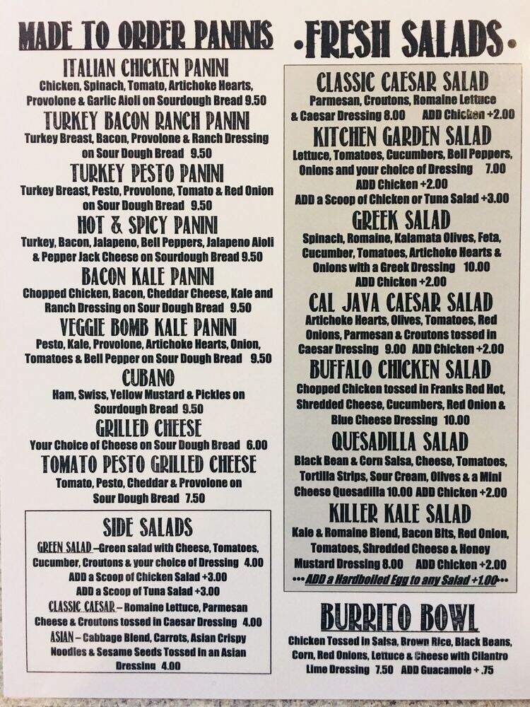 Cal Java Coffee Roasters - Chico, CA menu_pic