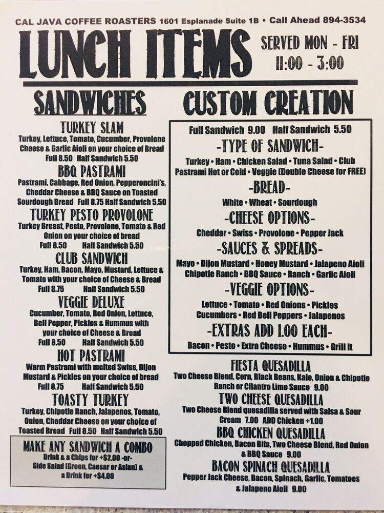 Cal Java Coffee Roasters - Chico, CA menu_pic