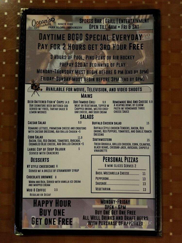 Ocean's 8 at Brownstone Billiards - Brooklyn, NY menu_pic