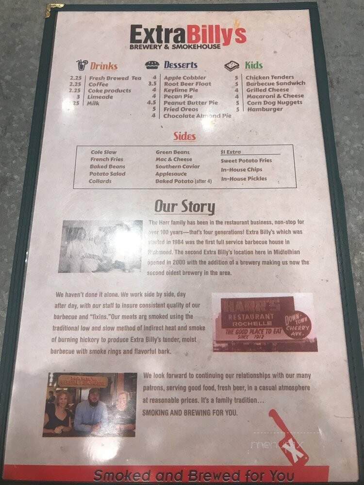Extra Billys Smokehouse and Brewery - Midlothian, VA menu_pic