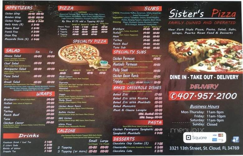 Sister's All American Pizza and Subs - St Cloud, FL menu_pic