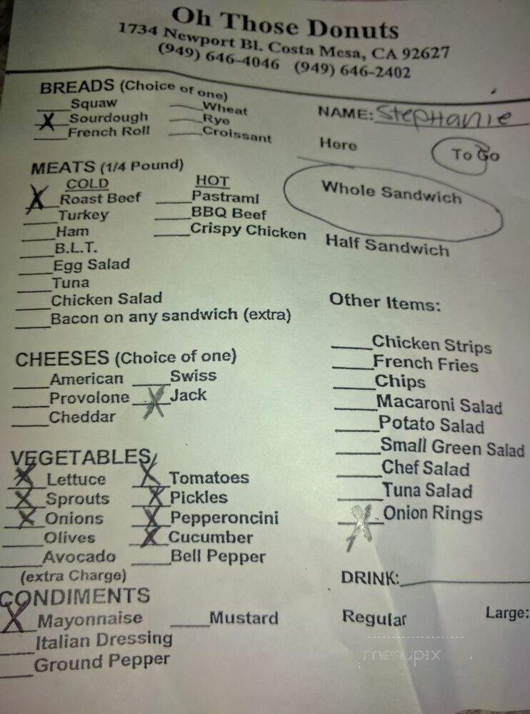 Oh Those Donuts - Costa Mesa, CA menu_pic