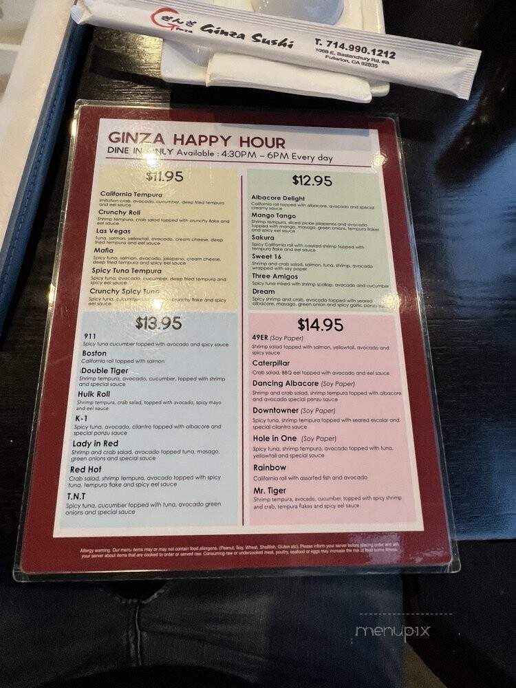Ginzaya Sushi Bar - Fullerton, CA menu_pic