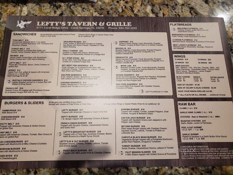 Lefty's Tavern and Grille - Coral Springs, FL menu_pic