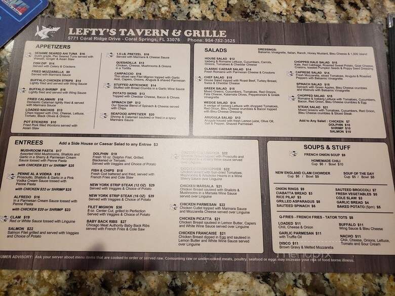 Lefty's Tavern and Grille - Coral Springs, FL menu_pic