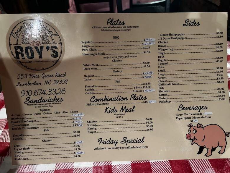 Roys Country Corral - Lumberton, NC menu_pic