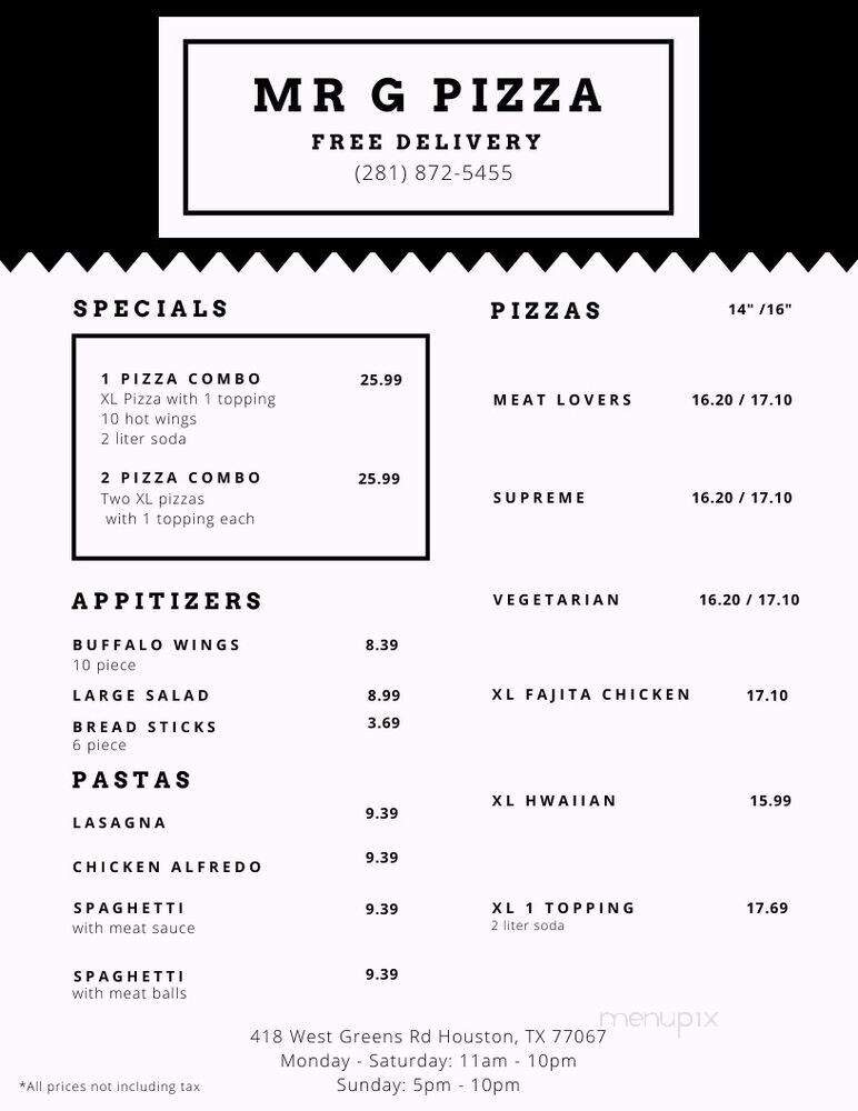Mr Gs Pizza - Houston, TX menu_pic
