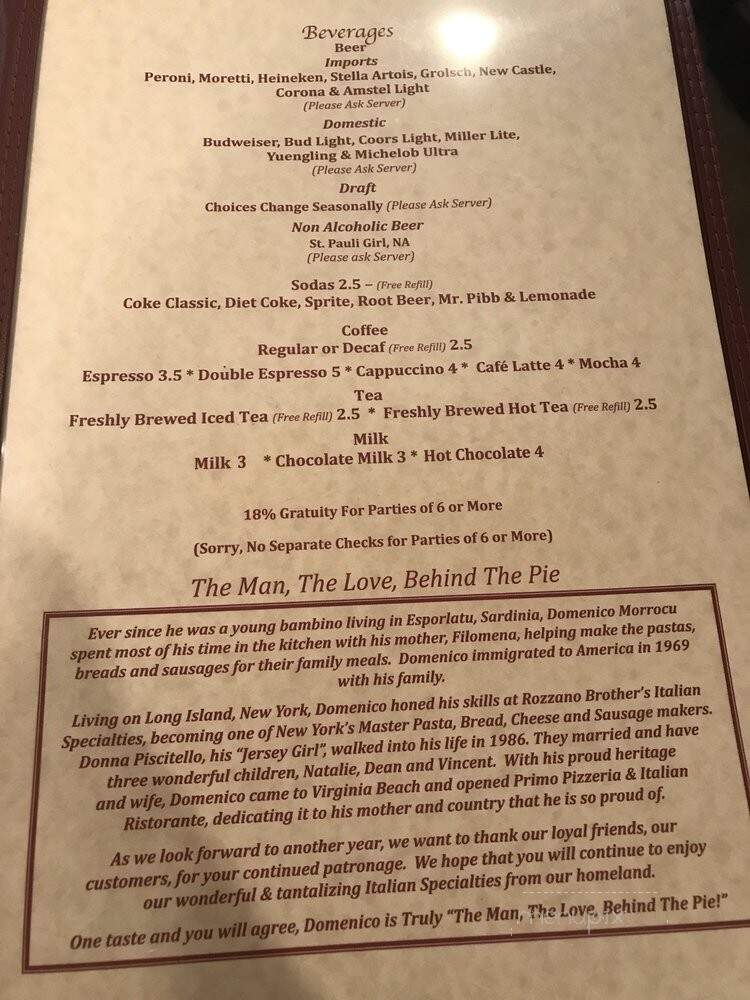 Primo Pizza - Virginia Beach, VA menu_pic