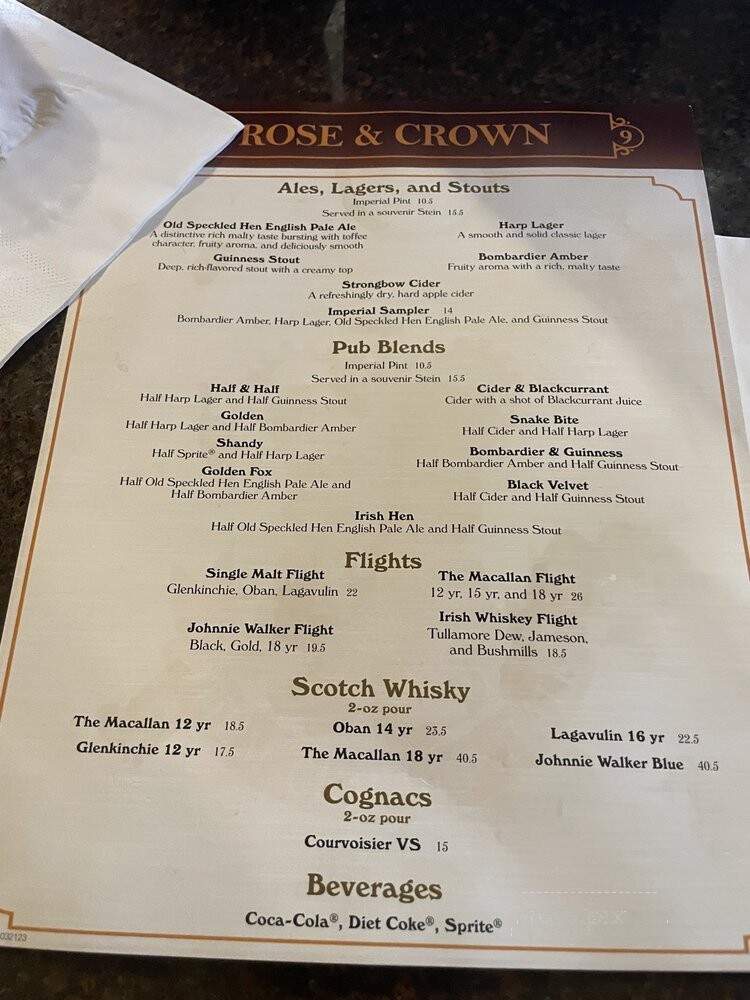 Rose & Crown - Lake Buena Vista, FL menu_pic